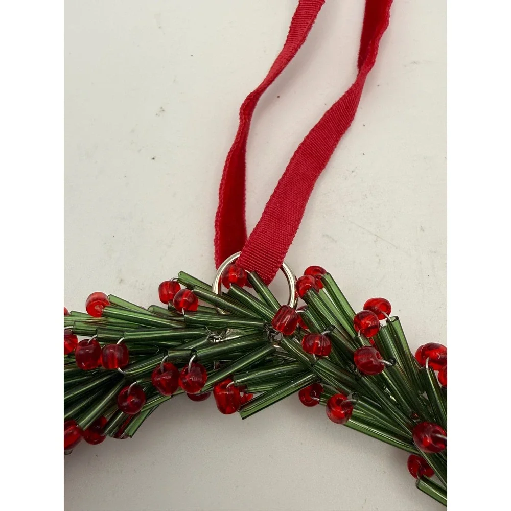 Green and Red Beaded Wreath Christmas Ornament Glass Bugle Beads Holiday Decor